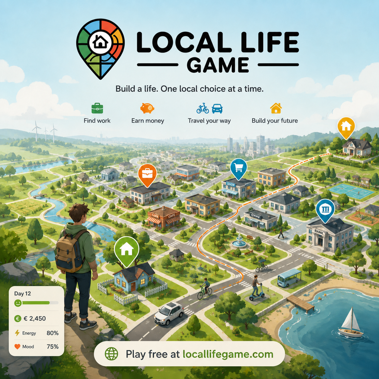 An illustrated Local Life neighbourhood with homes, shops, jobs, roads and walking routes